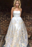New Arrival Strapless A Line Wedding Dresses Satin With Detachable Skirt