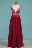 Prom Dresses V Neck 30D Chiffon With Applique Sweep Train