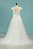 A Line Bateau Short Sleeves Satin & Tulle With Beads Wedding