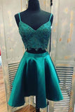 Teal Two Piece Satin Homecoming Dresses With Lace Spaghetti Strap Graduation