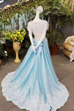 A-Line Satin Prom Dresses Lace Up With Appliques And Bow Knot With