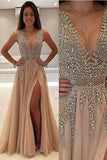 Tulle Prom Dresses A Line V Neck With Beads And Slit