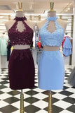 Two Pieces High Neck Homecoming Dresses Sheath Chiffon With Applique And