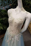 New Arrival A-Line High Neck Tulle Prom Dresses Floor Length Lace