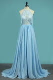 A Line Chiffon Halter Prom Dresses With Applique And Slit Sweep