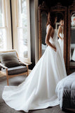 Simple Round Neck Satin Ivory Wedding Dresses with Pockets, Long Wedding Gowns STA15398