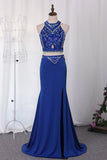 Two-Piece Scoop Spandex With Beads And Slit Prom Dresses
