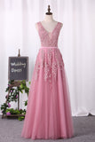 V Neck Prom Dresses A Line Tulle With Applique Open