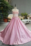 Strapless Satin Wedding Dress Lace Up With Beads Appliques