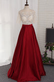 A Line Prom Dresses Scoop Beaded Bodice Short Sleeves