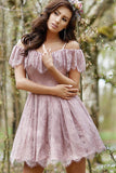 A-Line Cold Shoulder Purple Lace Homecoming Party Dress with Ruffles Prom Dresses STA14965