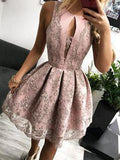 A Line Round Neck Pink Straps Homecoming Dress with Lace Appliques Short Prom Dress