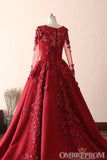 Seasonmall Modest Elegant Burgundy Scoop Neck Long Sleeves Ball Gown Prom Dresses With Appliques