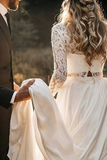 Long Sleeve Two Pieces Lace Round Neck Beach Wedding Dresses Chiffon Boho Bridal Gowns STA14979
