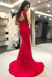 Mermaid High Neck Open Back Red Prom Dresses with Beads Long Evening Dresses