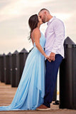 Thigh Split Sky Blue Rustic Wedding Dresses Beach Wedding Gown with Court Train