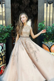 A Line Bateau Neckline Beadings Sash Prom Gown Champagne Appliques Lace Up Back Prom STAP9H7T9ZJ