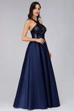 Cold Shoulder Sequin Navy Blue Prom Dresses Backless Satin Long Evening Dresses STA15132