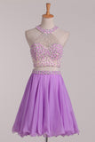 Two-Piece Halter Open Back Homecoming Dresses Beaded Bodice Chiffon A