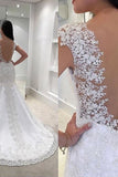 Mermaid/Trumpet V-Neck Tulle Wedding Dresses With Appliques Cap Sleeves Zipper