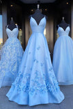 Charming Blue Spaghetti Straps V Neck Flowers Long Prom Dresses Satin Unique Formal Dresses STA15098