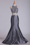 Two Pieces Prom Dresses High Neck Beaded Bodice