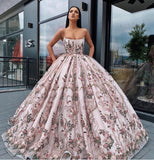 Princess Ball Gown Spaghetti Straps Beads Floral Print Prom Dresses Long Quinceanera Dress STA15294