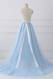 Classy Ivory And Sky Blue Long Lace Tulle Princess Prom