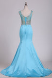 Hot And New Arrival See-Through Scoop Prom Dresses With Beading Sweep Train Satin