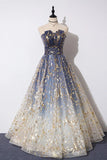 Charming Blue Floral Print Tulle Strapless Long A Line Prom Dresses, Dance Dresses STA15097