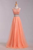 Two Pieces Bateau Beaded Bodice A Line/Princess Prom Dress Pick Up Tulle Skirt Floor