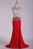 Prom Dresses Scoop Spandex With Beading And Slit Sweep Train