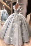 Gorgeous Deep V Neck Ball Gown Long Prom Dresses with Appliques
