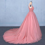 Ball Gown V Neck Tulle Prom Dress with Beads, Puffy Pink Sleeveless Quinceanera Dresses STA15074
