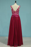 Prom Dresses V Neck 30D Chiffon With Applique Sweep Train