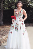 A Line Deep V Neck Ivory Lace Backless Embroidery Party Dresses Printed Prom Dresses