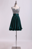 Straps A Line Short/Mini Prom Dress Beaded Bodice With Pleated Waistband