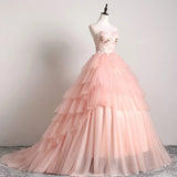 Princess Ball Gown Pink 3D Lace Multi-layered Prom Dresses, Tulle Quinceanera Dresses STA15292