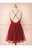 A Line V Neck Short Red/Burgundy Tulle Prom Dresses Homecoming