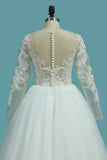 Long Sleeves A Line Scoop Tulle Wedding Dresses With Applique Chapel