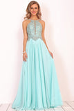 A Line Chiffon Spaghetti Straps Prom Dresses With Beading Floor Length