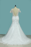 New Arrival Mermaid/Trumpet Wedding Dresses V-Neck Tulle With Applique Short