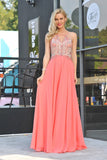 A Line Spaghetti Straps With Beading Prom Dresses Chiffon Open Back