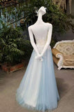 New Arrival A-Line High Neck Tulle Prom Dresses Floor Length Lace