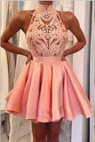 A Line High-Neck Satin & Lace Short/Mini Homecoming Dresses With Detachable