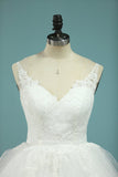 Tulle V Neck A Line With Applique Chapel Train Wedding