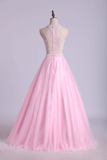 Two Pieces Scoop A Line Prom Dresses Floor Length With Beads