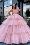 Charming Ball Gown Tulle Pink One Shoulder Long Prom Dresses, Quinceanera Dresses STA15096