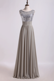 Romantic Scoop V Back A Line/Princess Chiffon Prom Dresses With Beads And Ruffles Floor