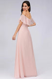 Charming Off Shoulder Ruffle Pink Chiffon Long Prom Dresses Bridesmaid Dresses STA15114